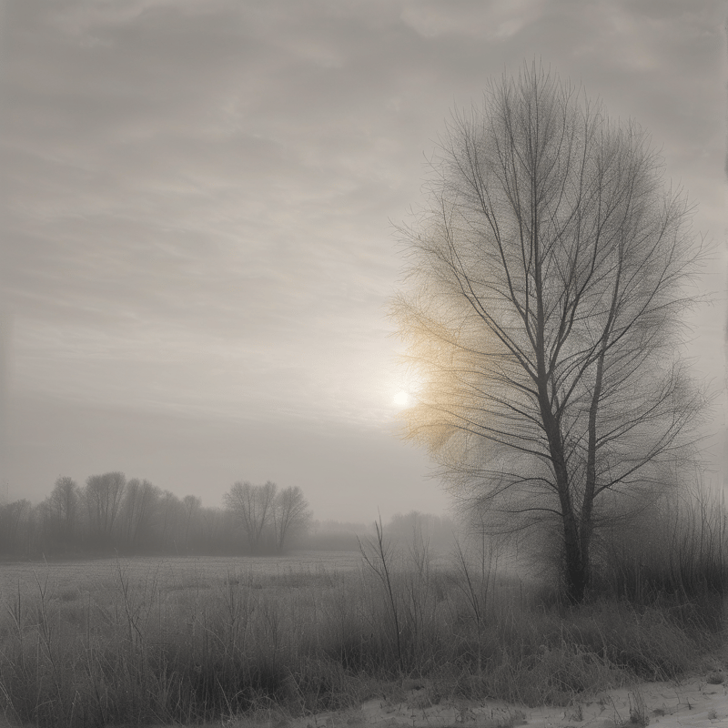 A leafless tree stands on the right side of a foggy field while sunlight glows behind the branches in the center.