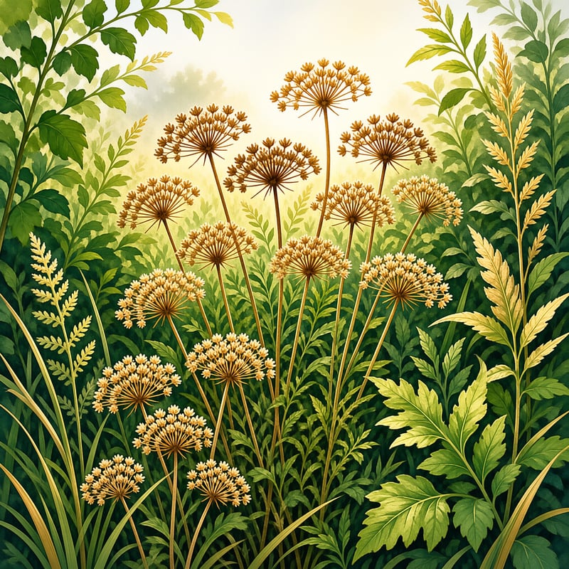 Tall beige wildflower clusters rise amidst dense green foliage under a bright glowing light.