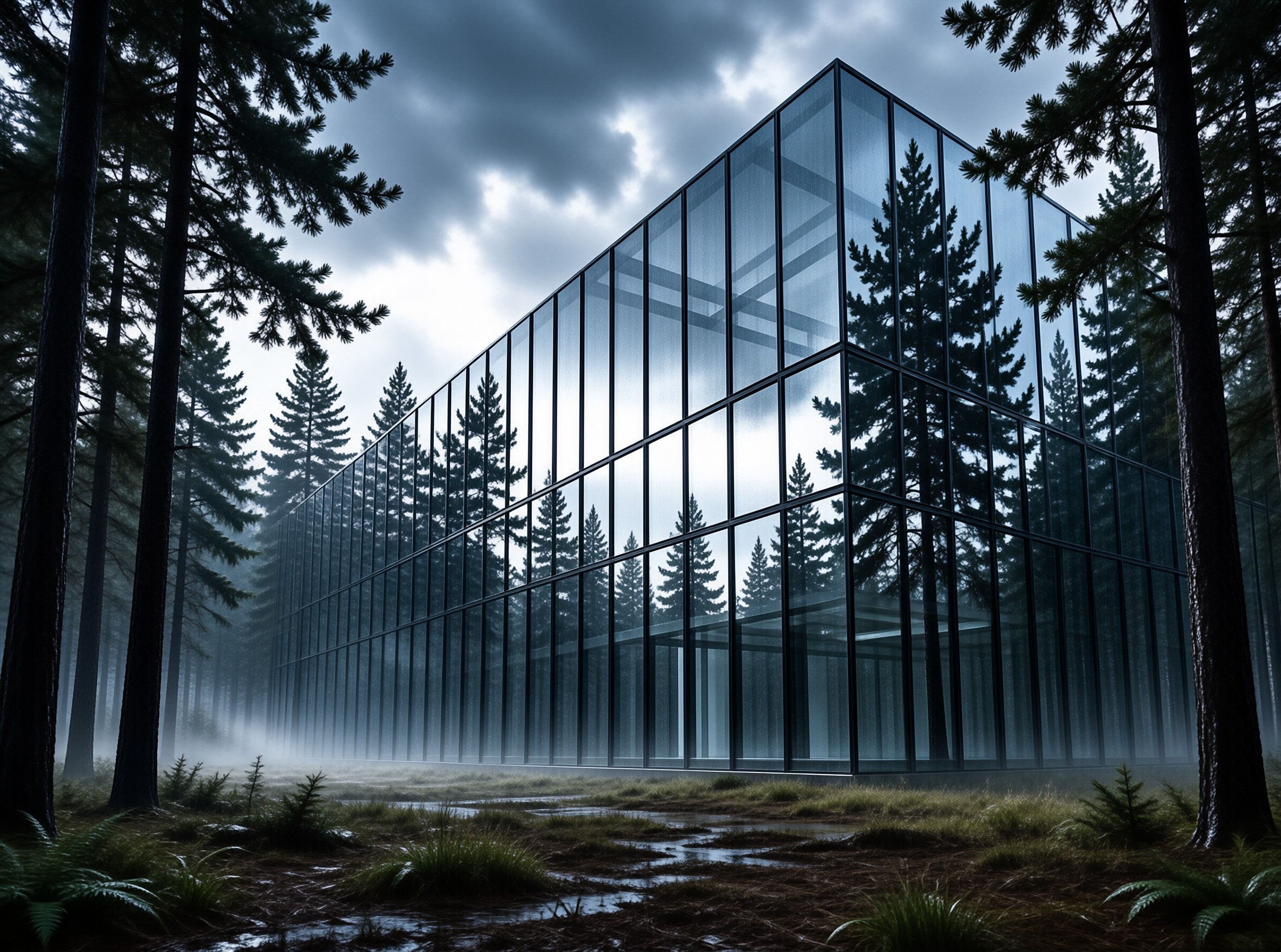 Glass Box in Misty Pine Forest