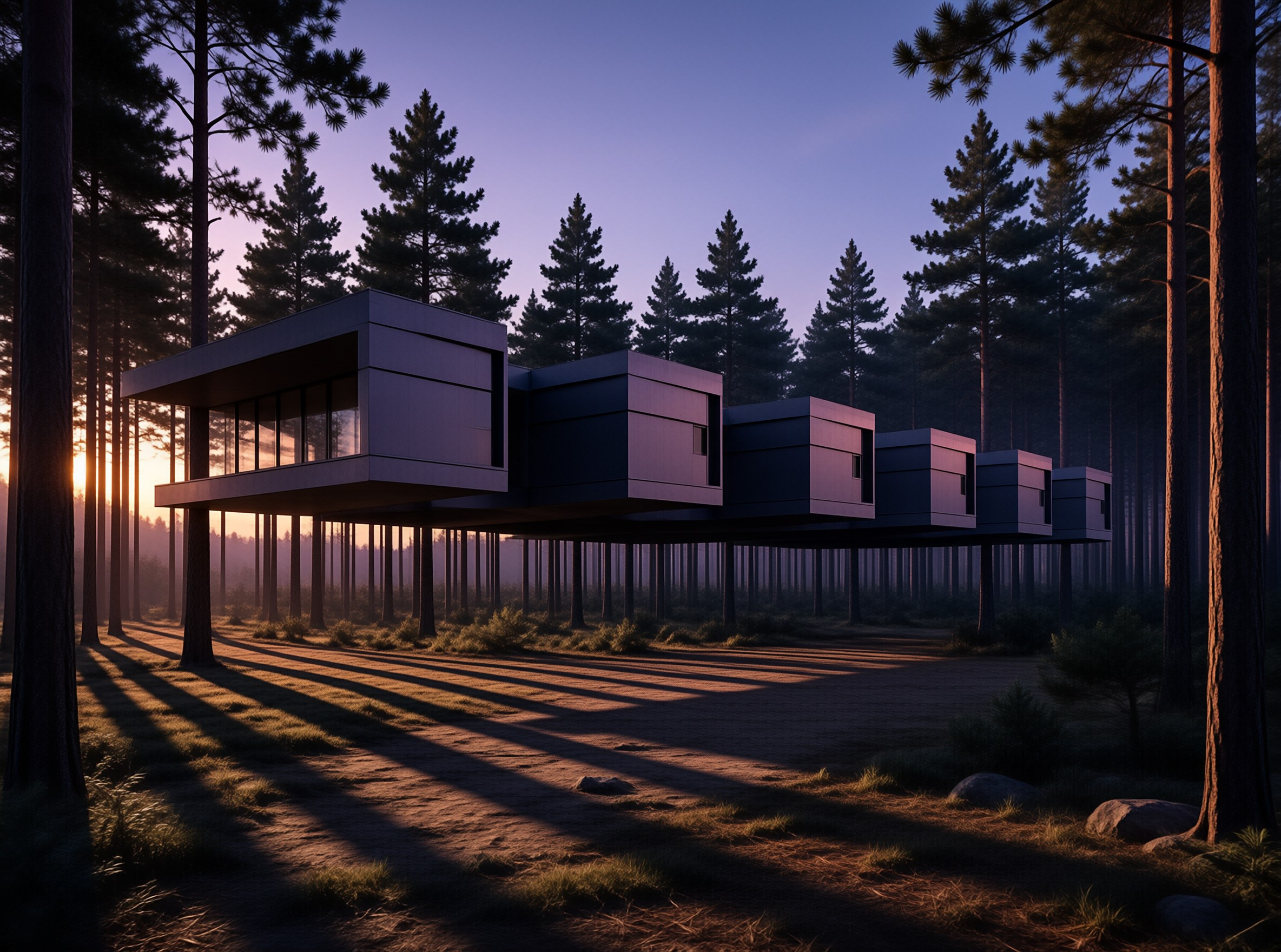 Dark modular cabins sit on stilts above a pine forest floor while long shadows stretch across the ground at sunset.