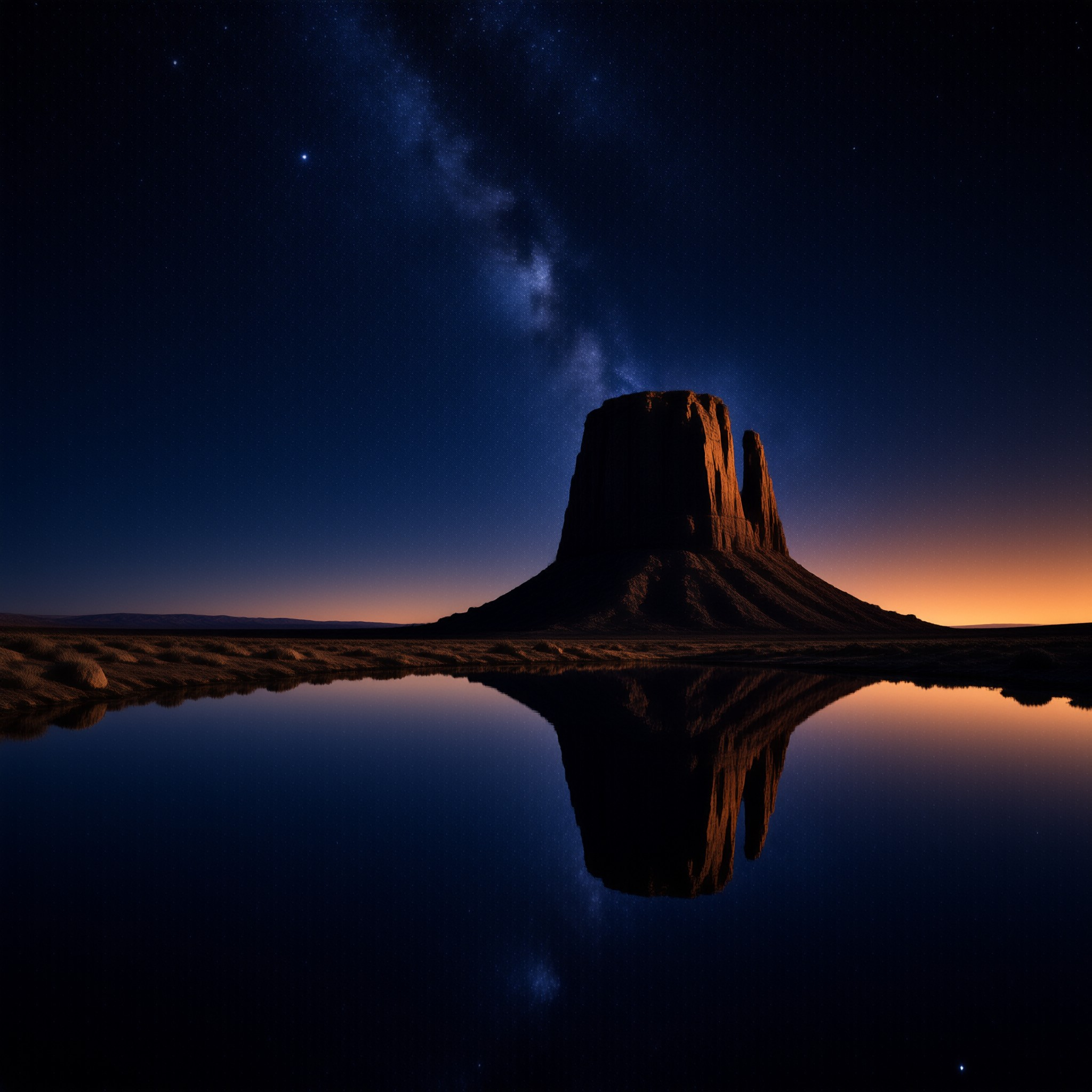 A massive rock formation rises from a desert floor under a starry sky, mirrored perfectly in the calm water foreground.
