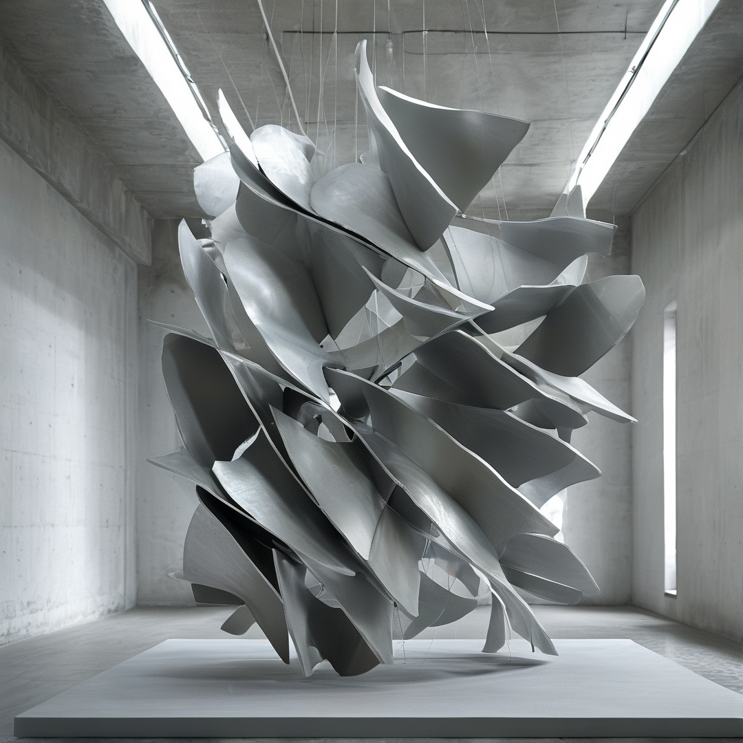 A twisted silver sculpture hangs suspended by thin wires inside a stark concrete gallery room lit by long ceiling lights.