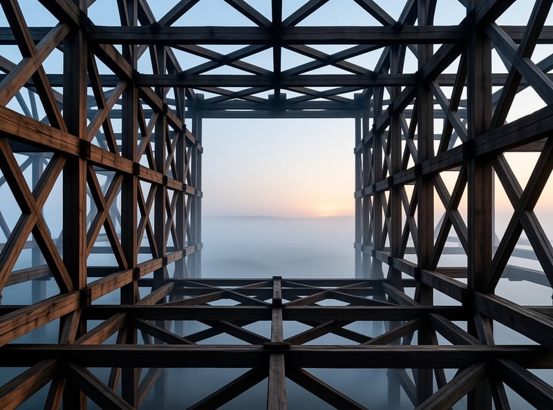 A modern glass pavilion with dark open frames overlooks the ocean from a rocky cliff in warm sunset light.