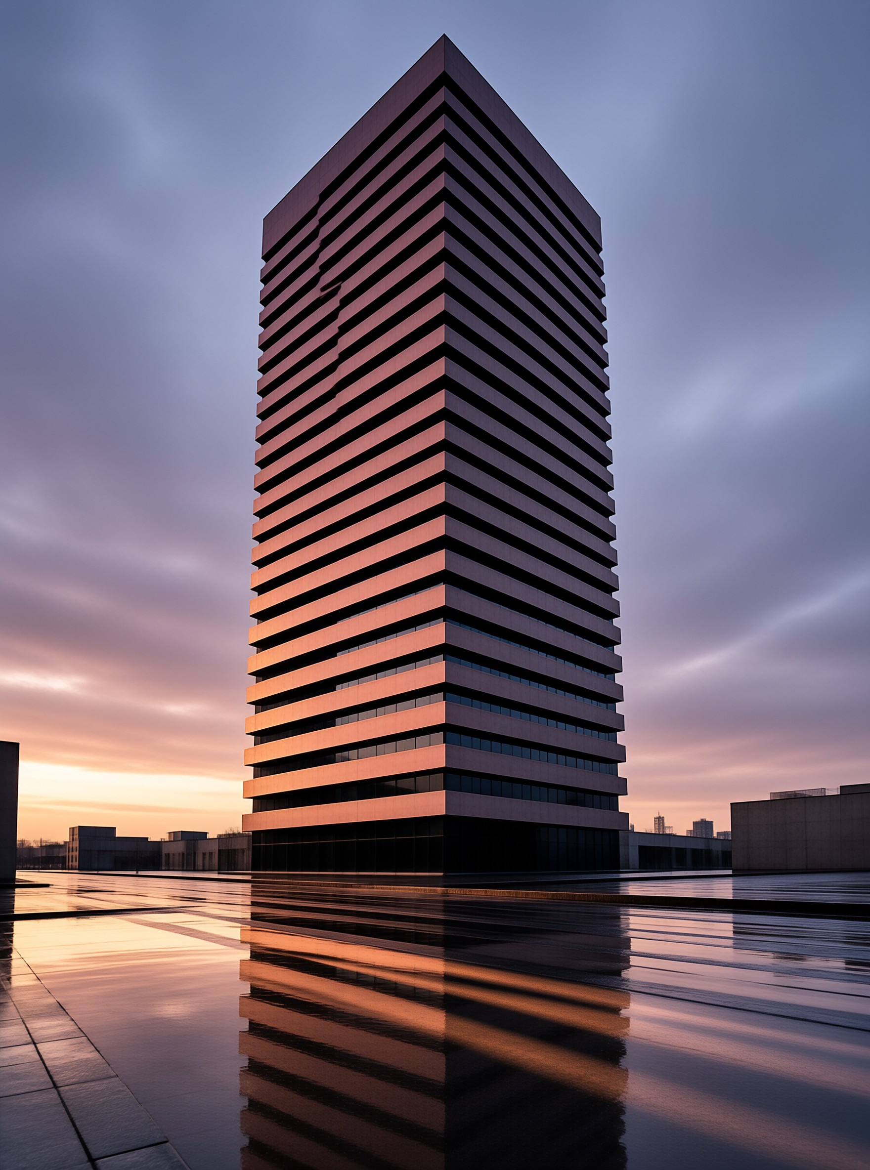 A tall striped skyscraper is bathed in warm sunset light while reflecting clearly into a wet plaza surface.