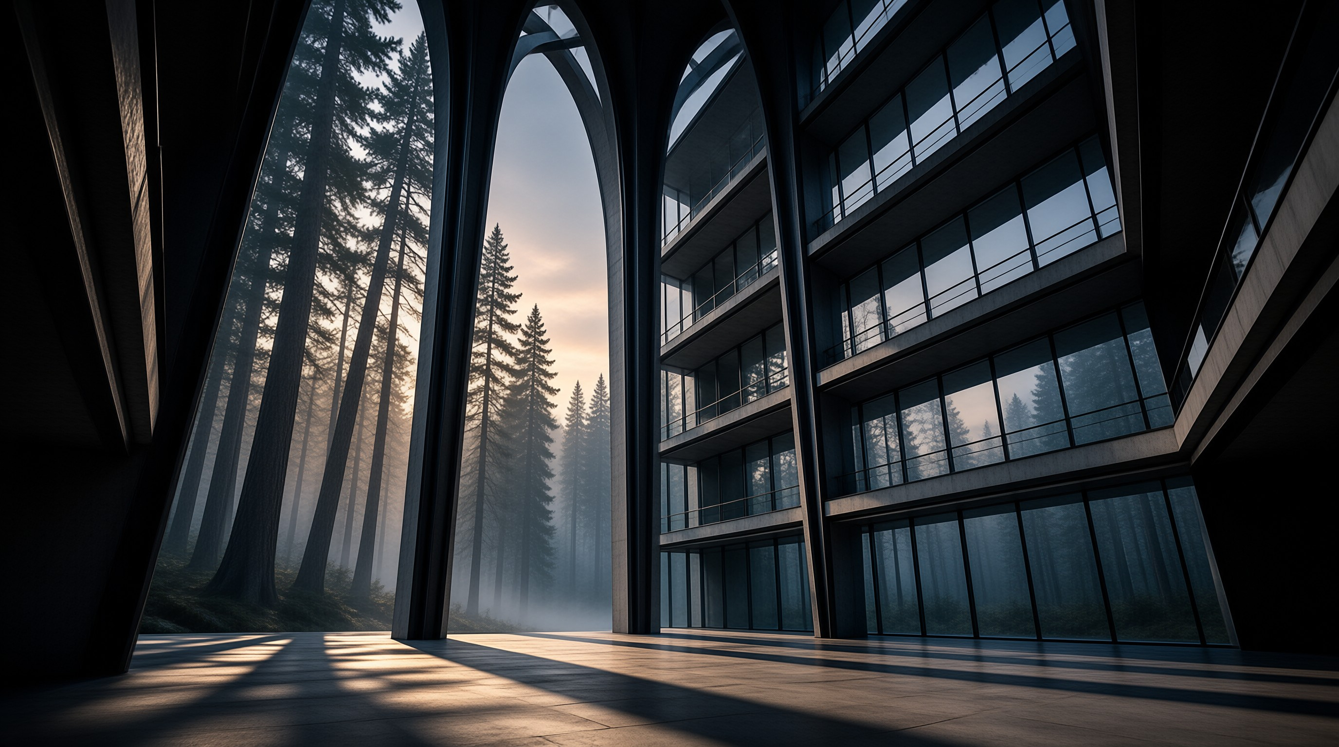 Tall black concrete arches frame a foggy forest of slender pines lit by the soft light of early morning