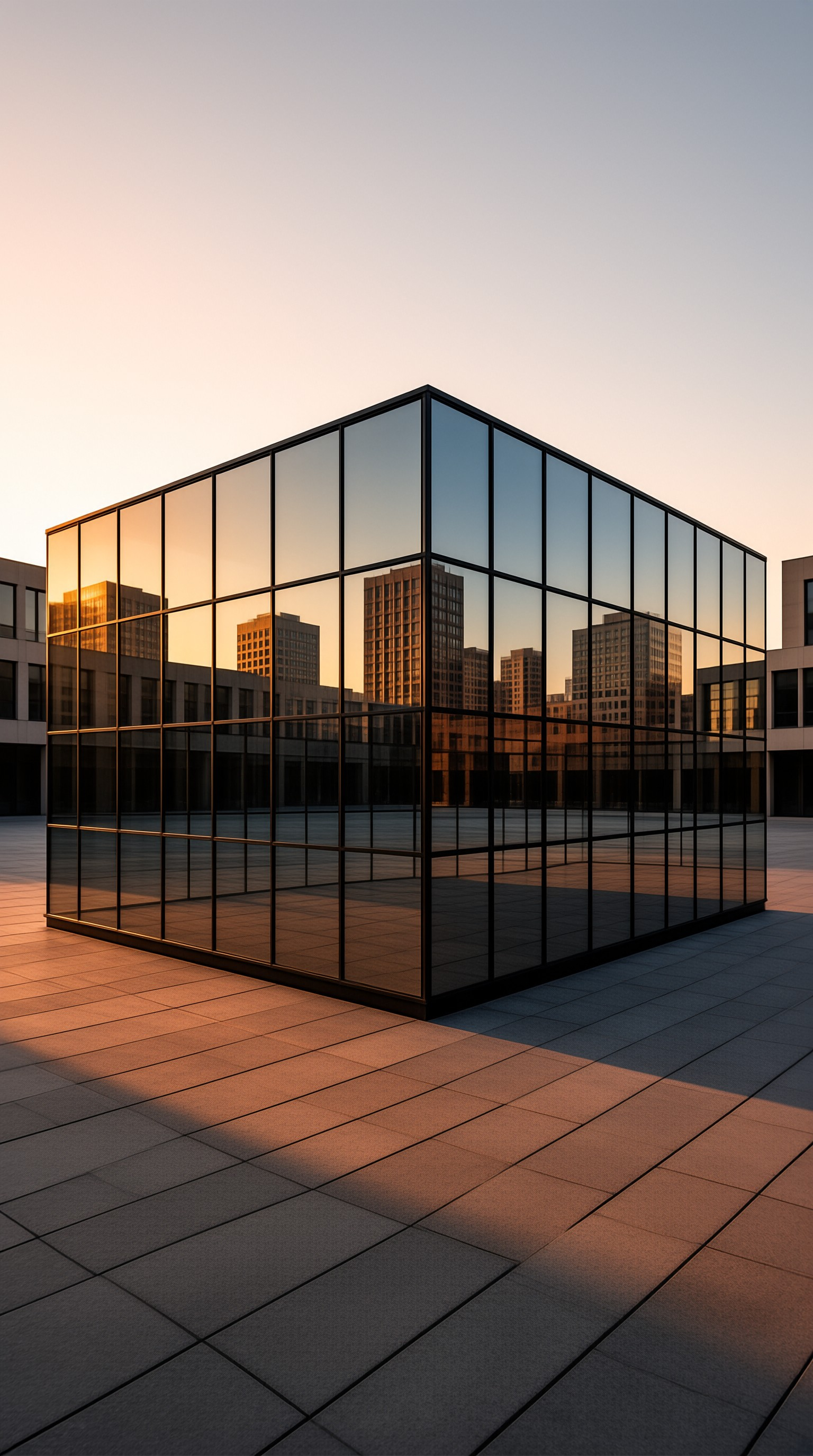 Glass Cube Building at Sunset