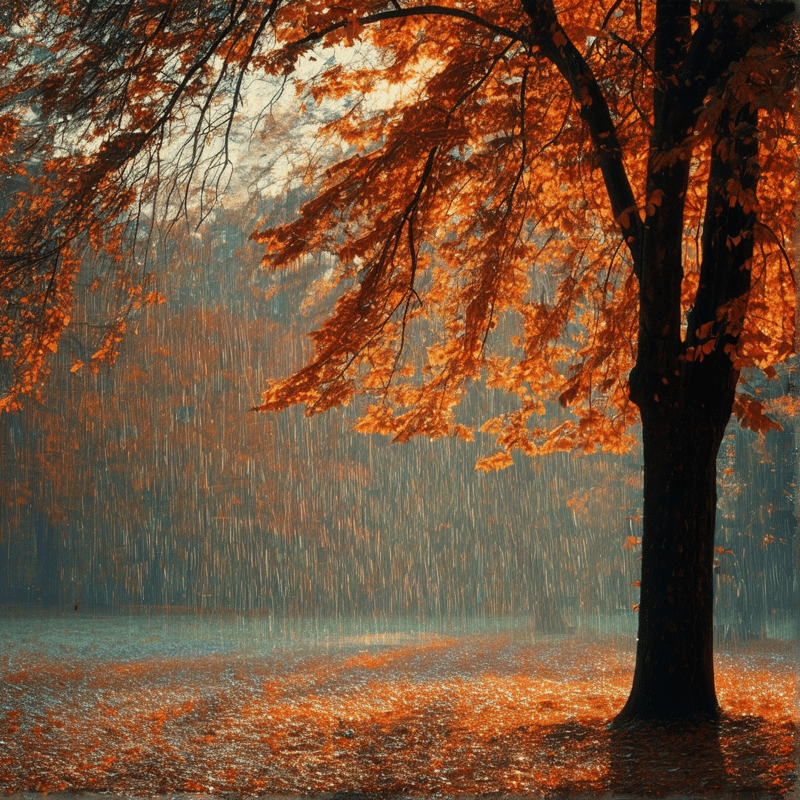 A massive tree with fiery orange leaves stands in a misty landscape while sunlight streams through heavy rain.