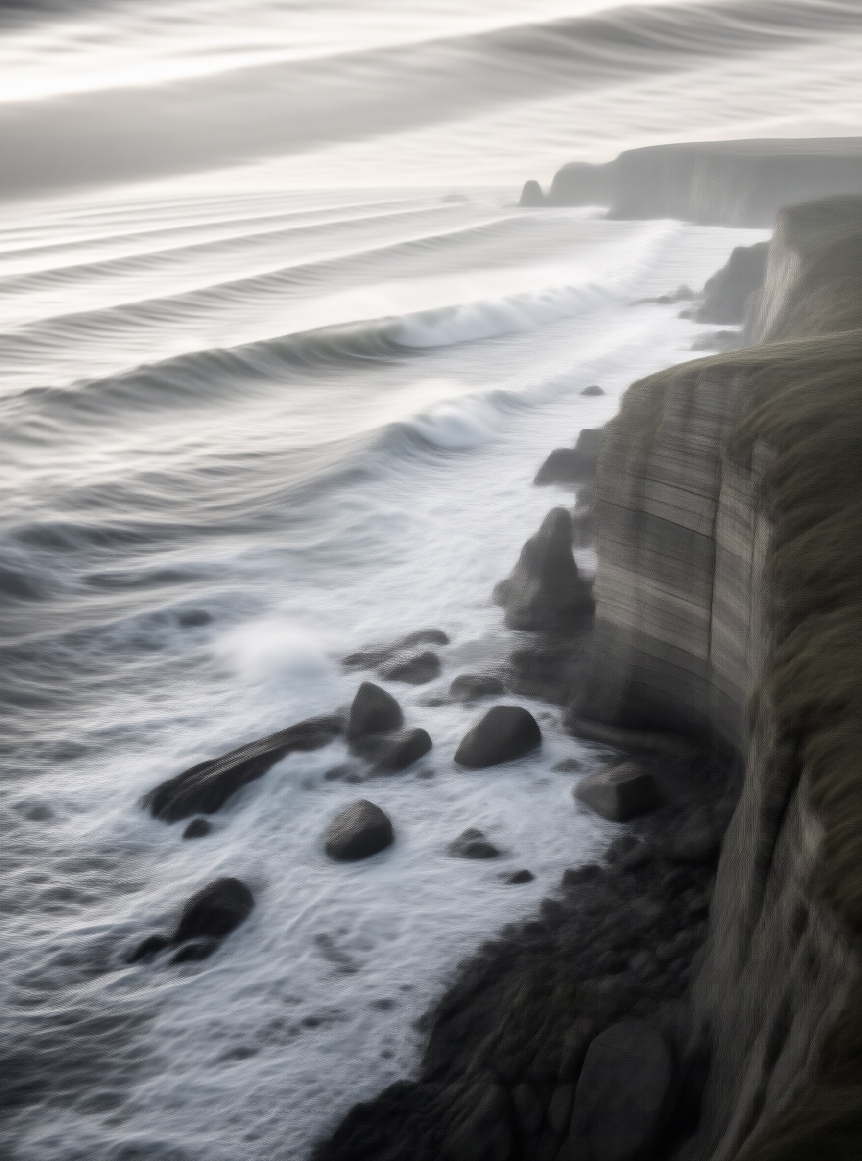 Misty Waves Hitting Cliffs