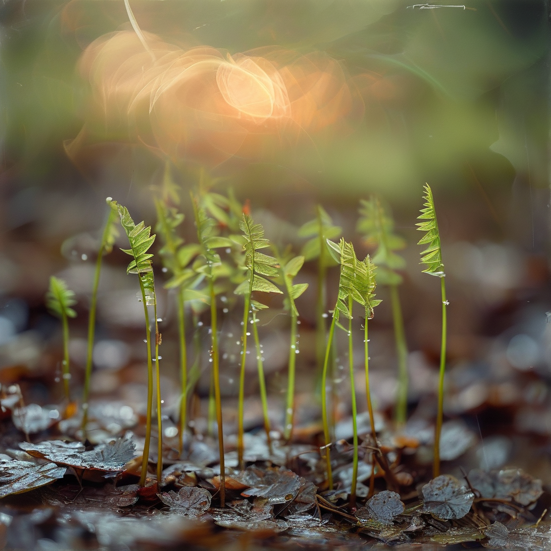 Young ferns stand amid wet forest floor with glistening dewdrops under warm blurred sunlight