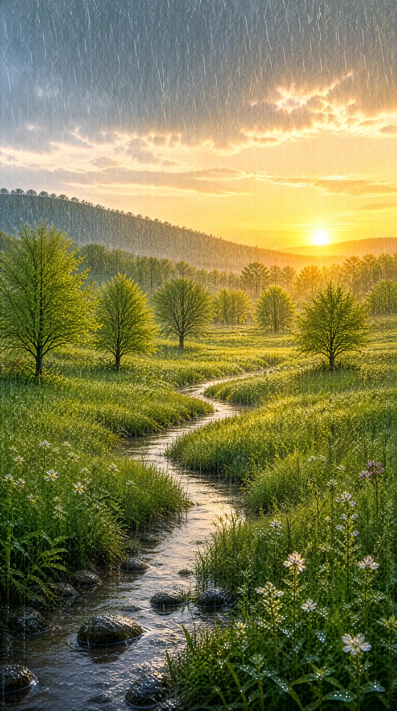 Sunset Rain Over Meadow Stream