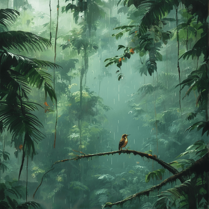 A small bird perches on a curved branch while rain falls through a dense foggy jungle filled with hanging vines and green foliage.