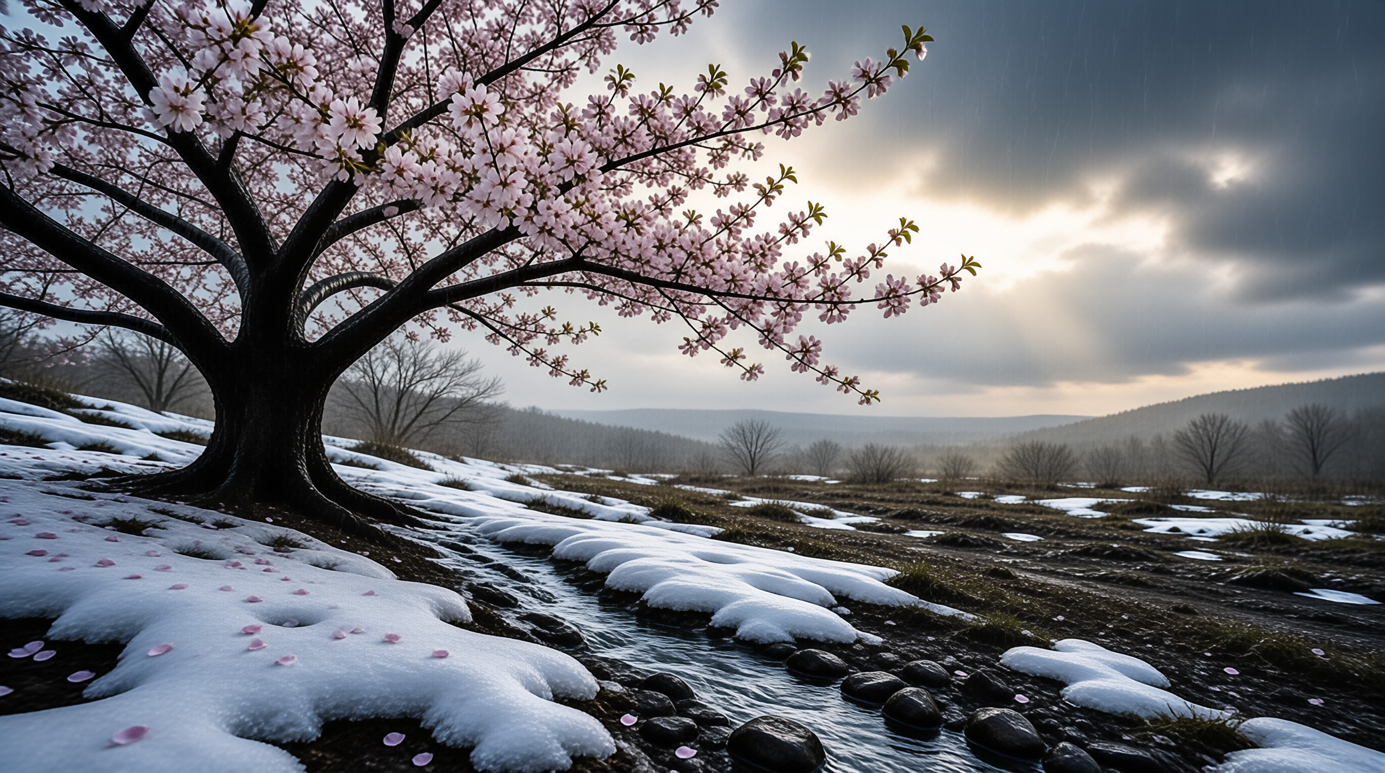 Cherry Blossom in Snowy Landscape