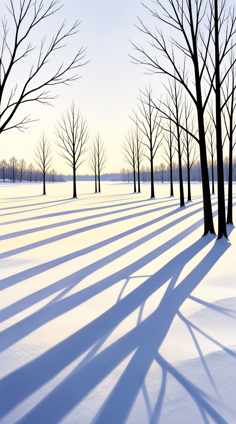 A row of leafless trees stands in a white snowfield, casting long dark blue shadows under a pale winter sky.