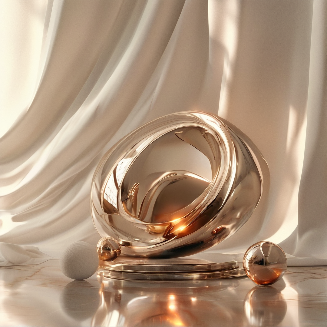 A polished copper loop sculpture rests on a reflective floor beside flowing cream fabric.