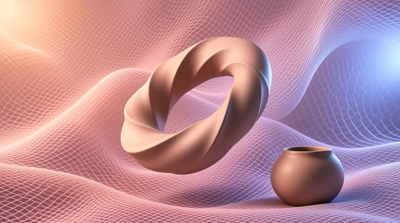 A matte beige spiral ring hovers above rippling wireframe mesh, beside a small terracotta pot under pink and violet light.