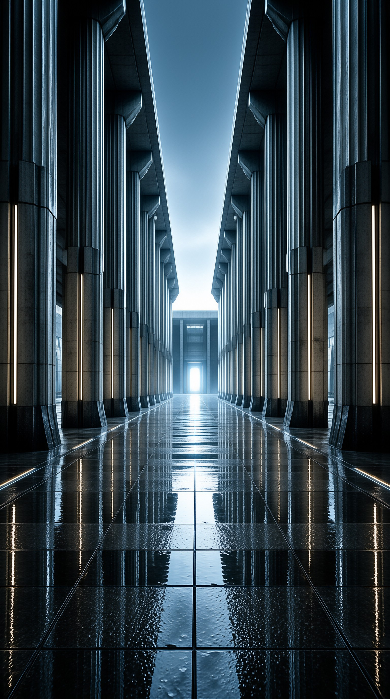 Symmetrical tall pillars line a wet floor reflecting vertical lights toward a bright distant doorway.