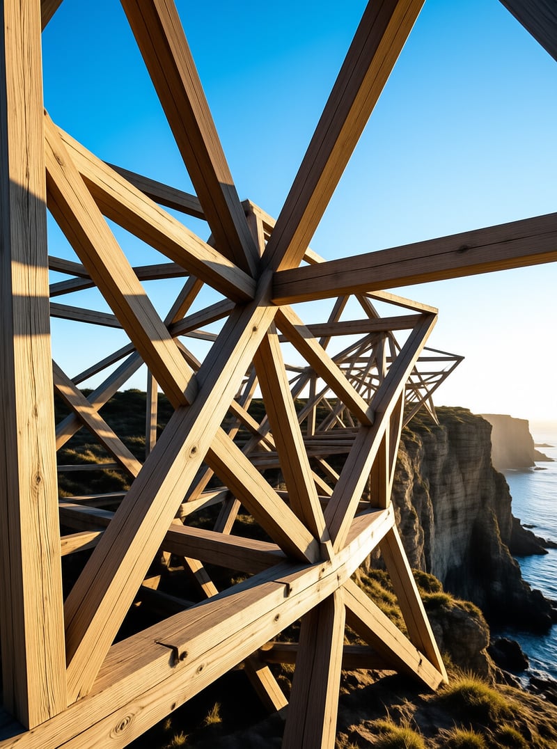 A complex timber framework stands on a coastal bluff while warm sunlight casts deep shadows across its intersecting wooden beams.