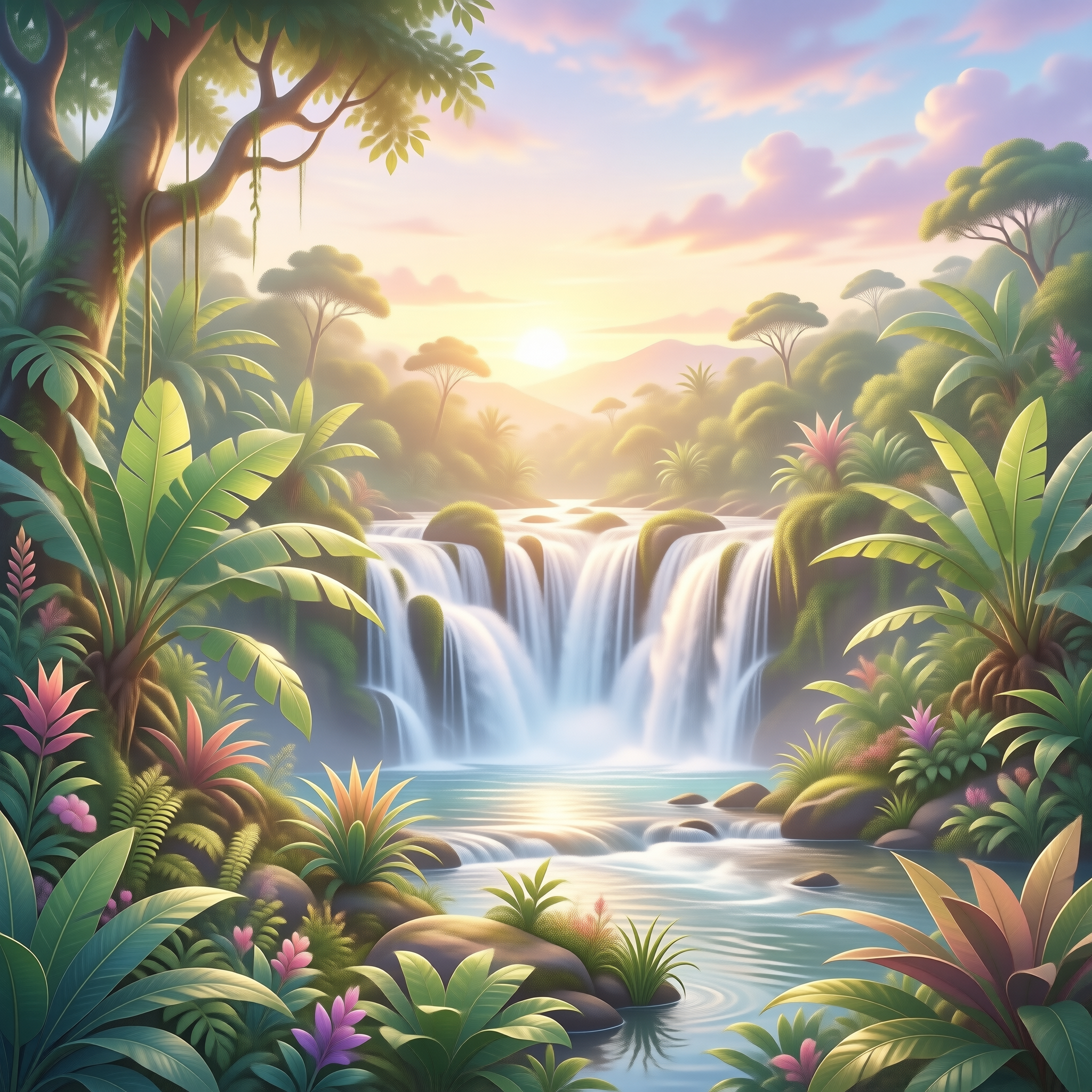 Tropical Sunset Waterfall