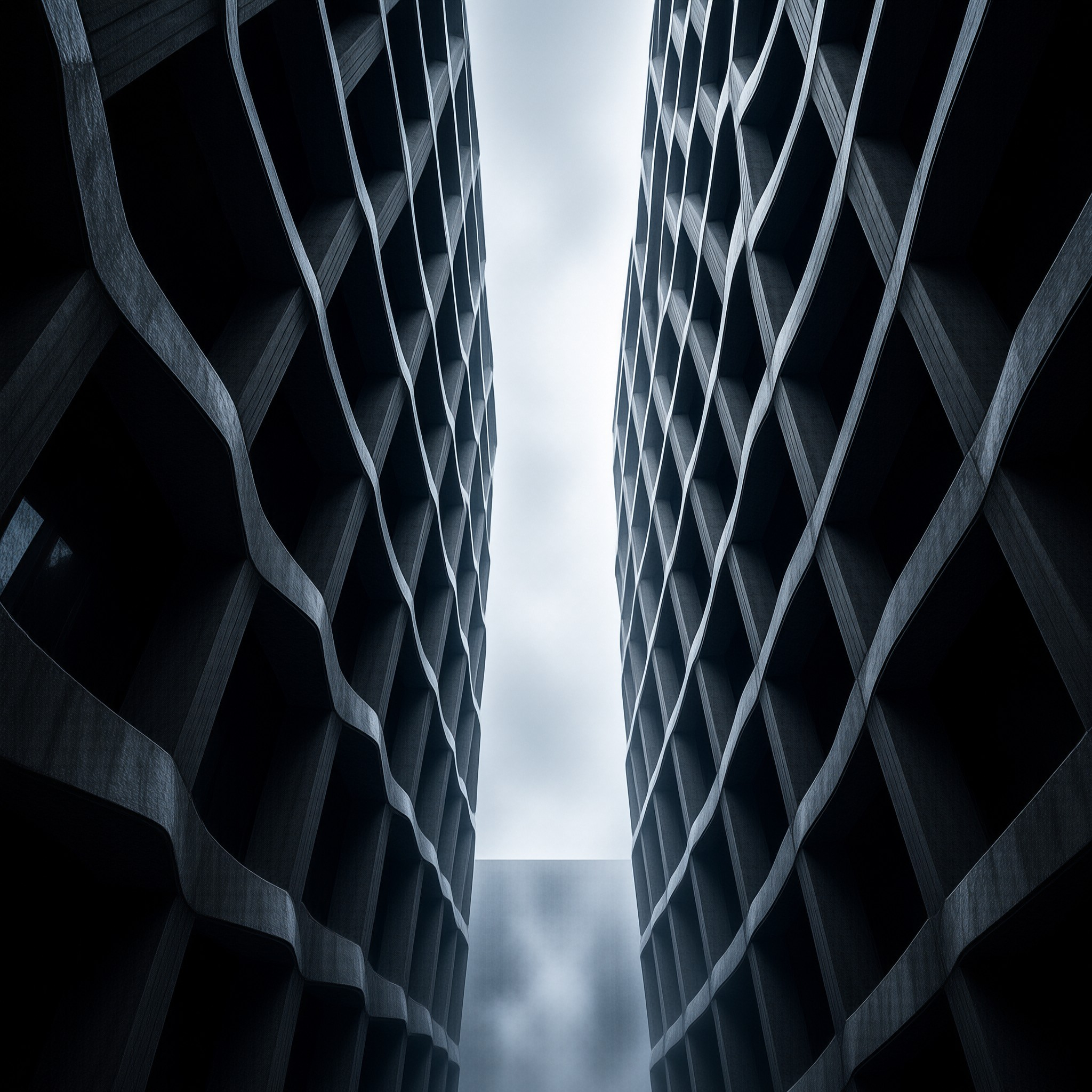 Two dark monolithic walls of wavy concrete cells converge upward around a narrow band of cloudy sky