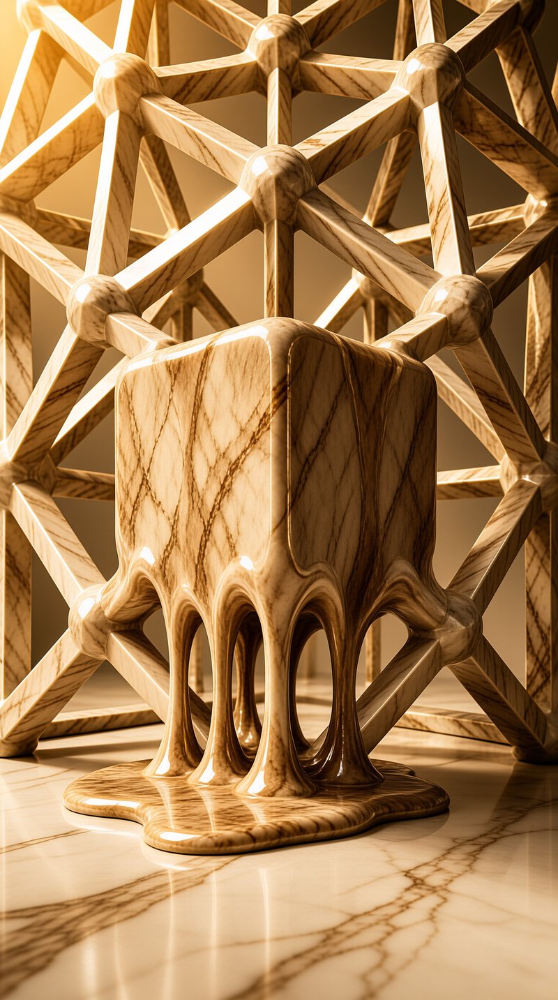 A glossy marble block melts into liquid legs inside a warm lit lattice framework.