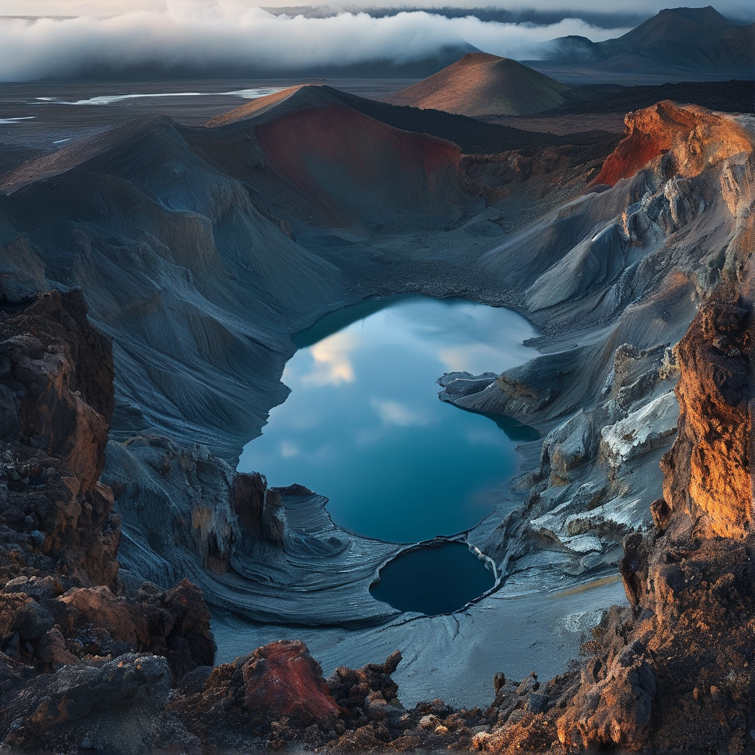 A calm turquoise pool rests inside a weathered volcanic crater, reflecting pale dawn clouds over bare sloped mountain ridges.