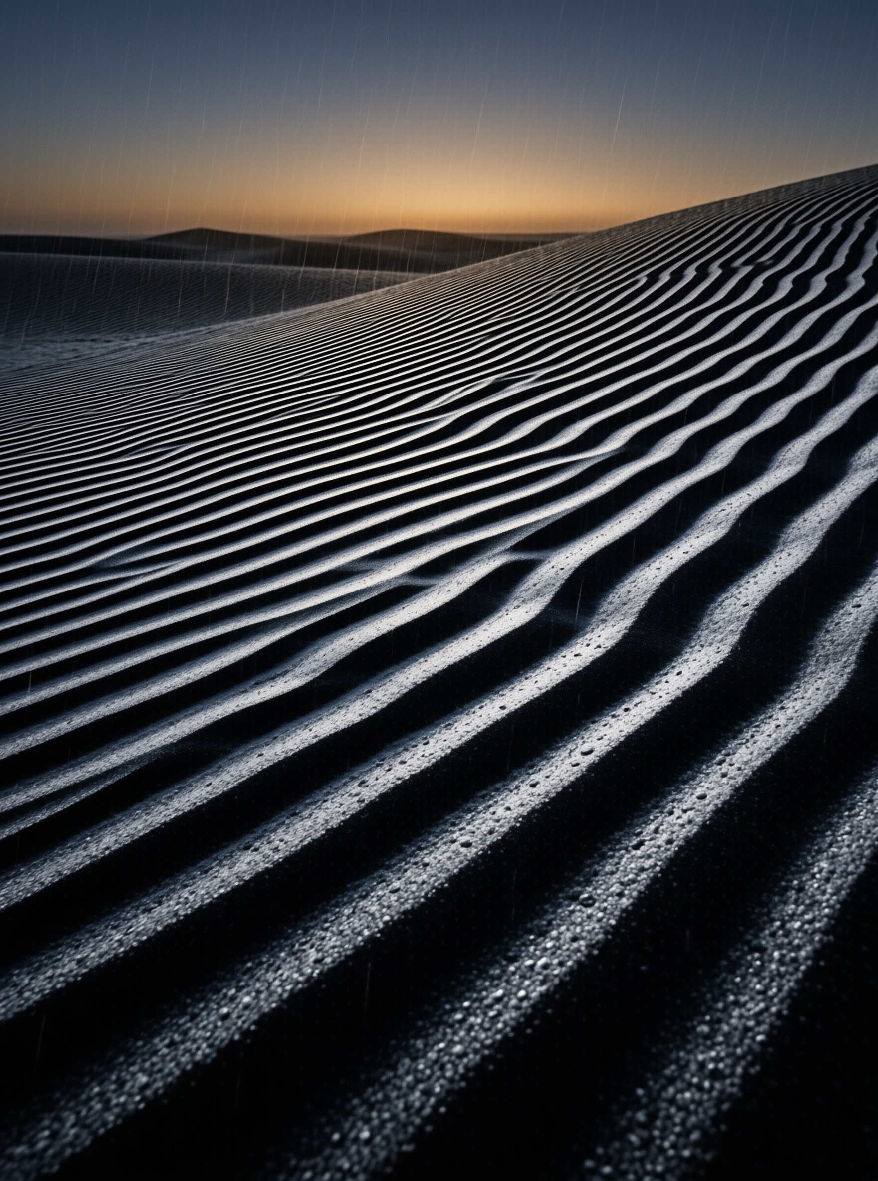 Sand dunes display sharp ripple patterns lit by sunset light while vertical rain streaks fall across the dark landscape.