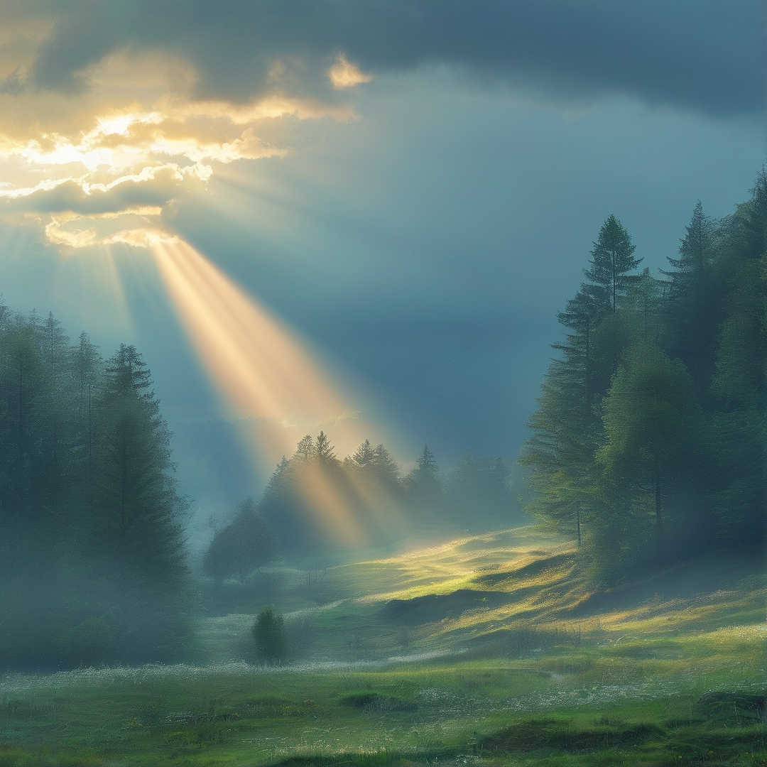 Sunbeams Through Forest Mist