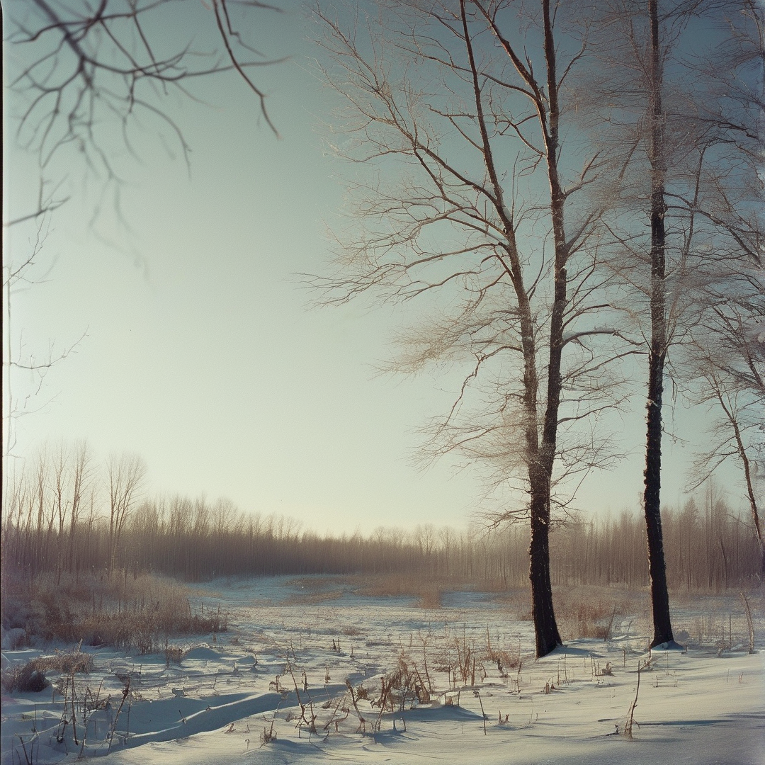 Tall leafless trees frame the right side of a snowy field bathed in soft golden morning light.