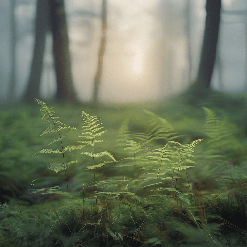 Green ferns stand out against a distant forest view illuminated by soft, hazy sunlight filtering through tall trees.