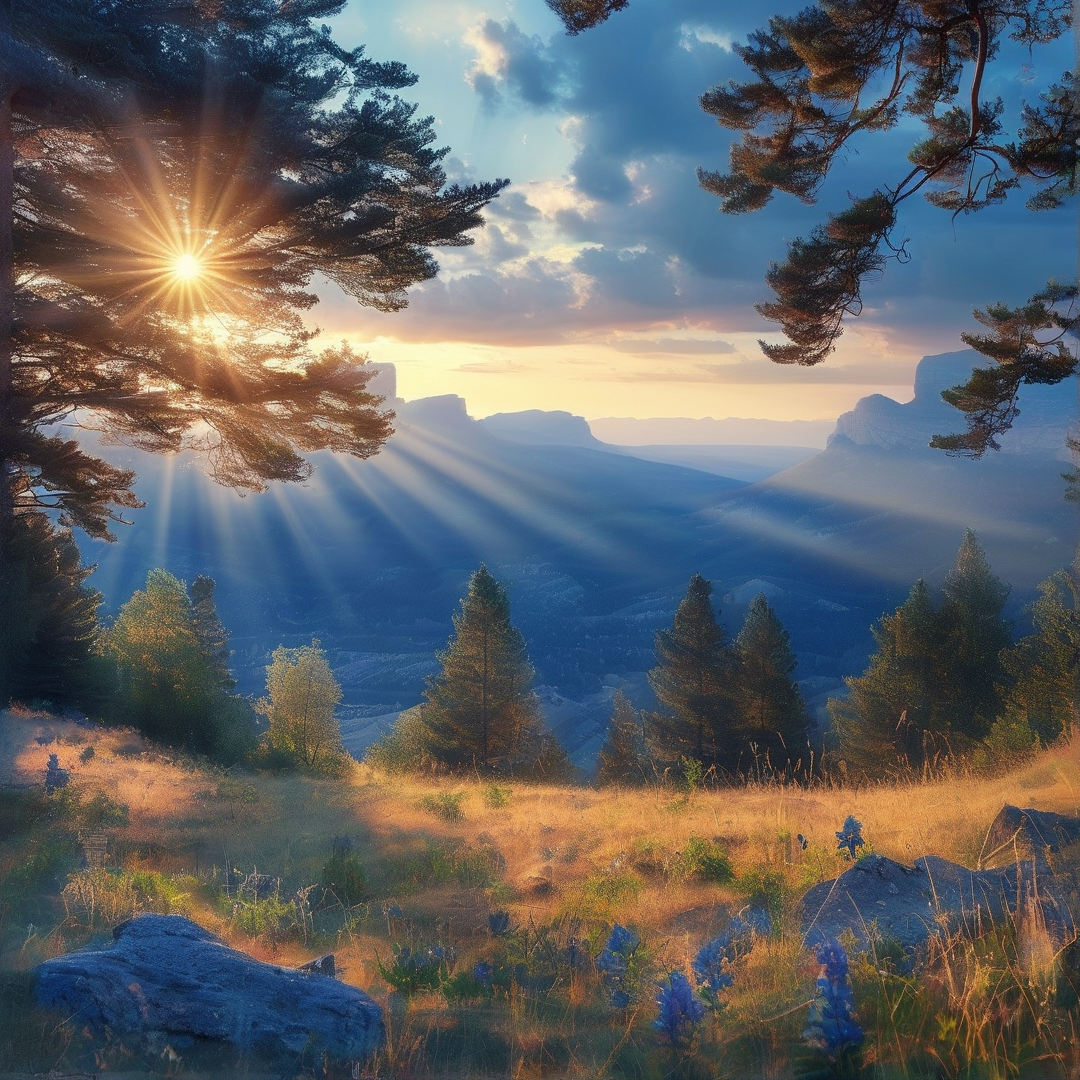 Sunbeams Through Pines