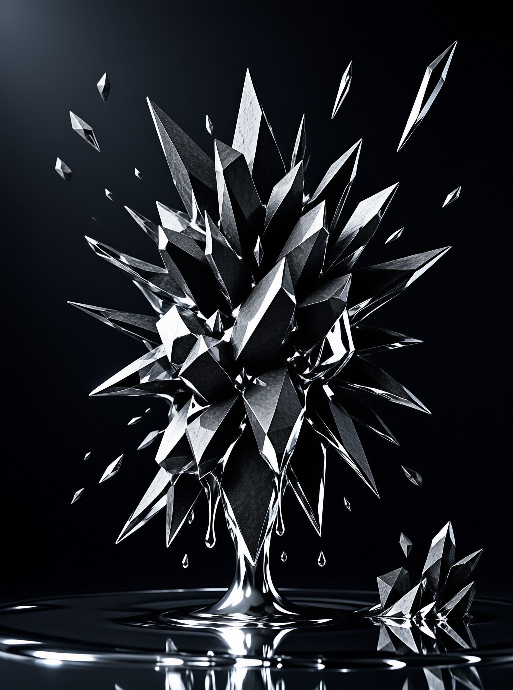 A sharp geometric structure made of crystalline pieces emerges violently from a dark glossy surface.