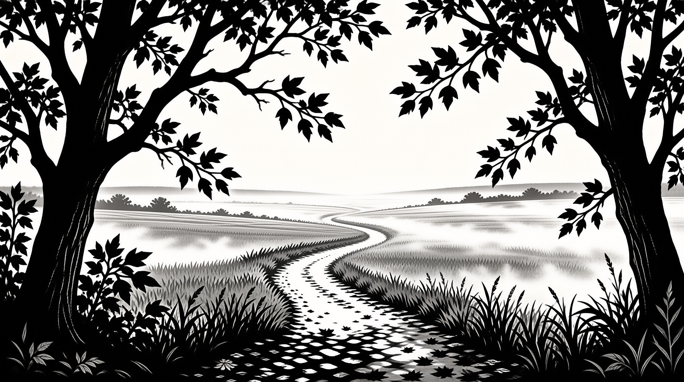 A high contrast illustration shows a curving road leading into foggy hills surrounded by silhouetted foliage.