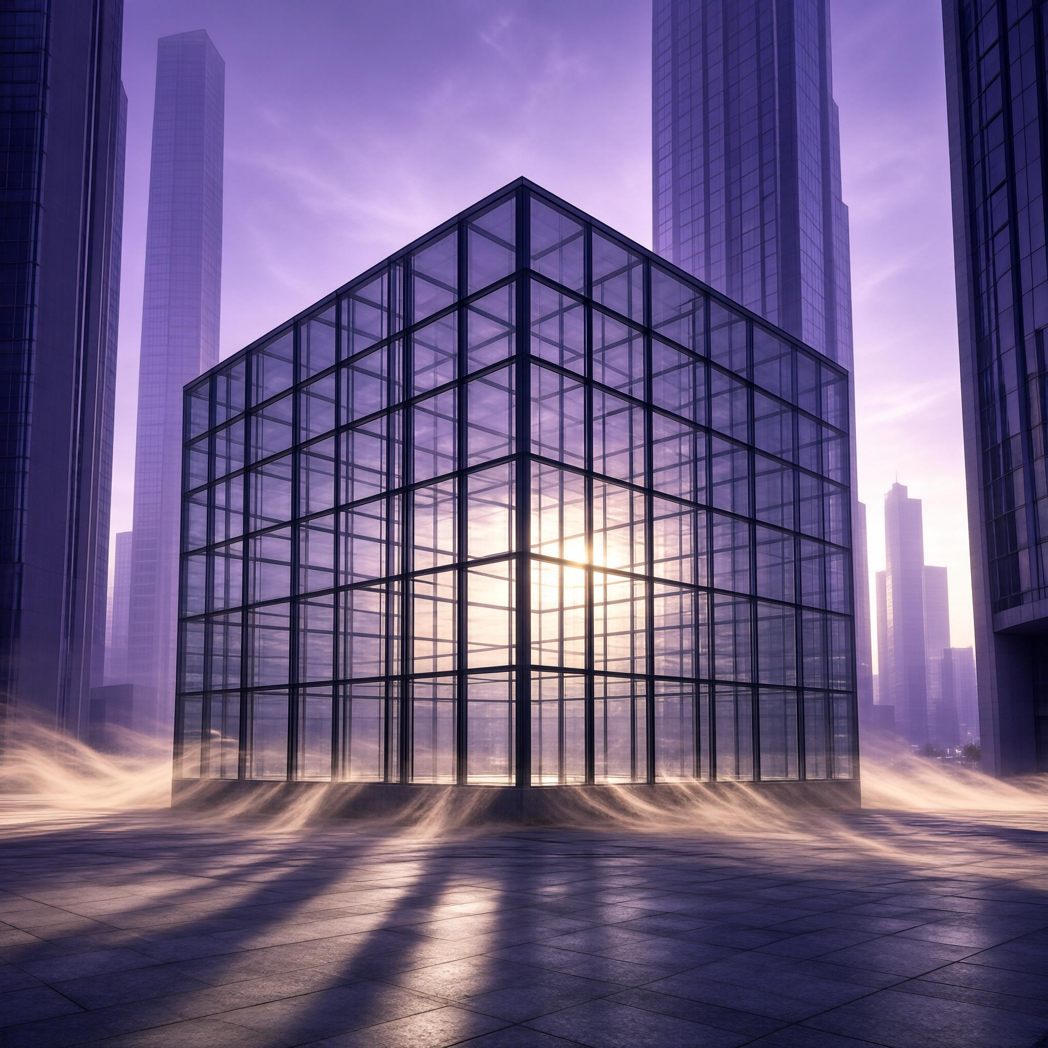 Glass Cube in Purple Urban Skyline