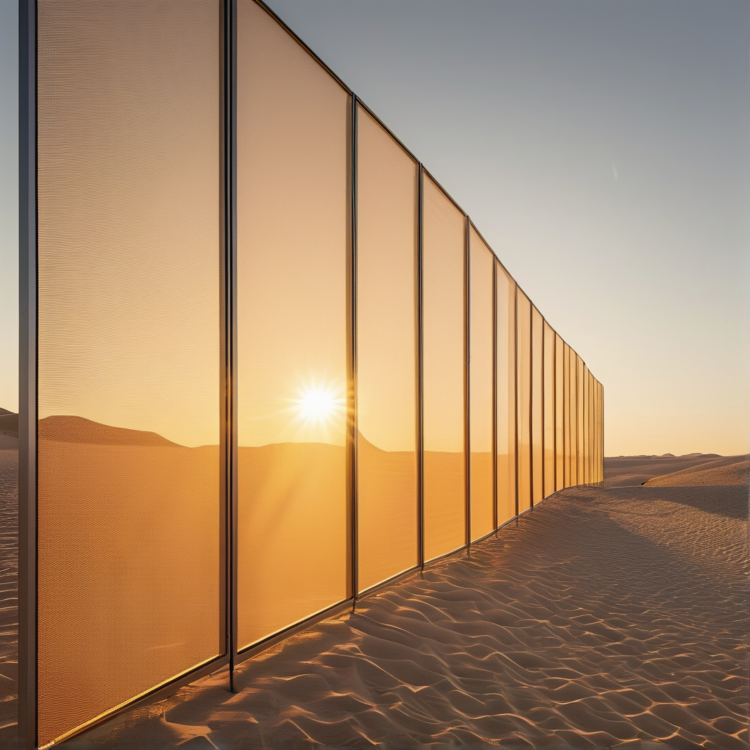 Orange panels form a barrier across desert dunes while sunlight filters through creating warm reflections on the sand.