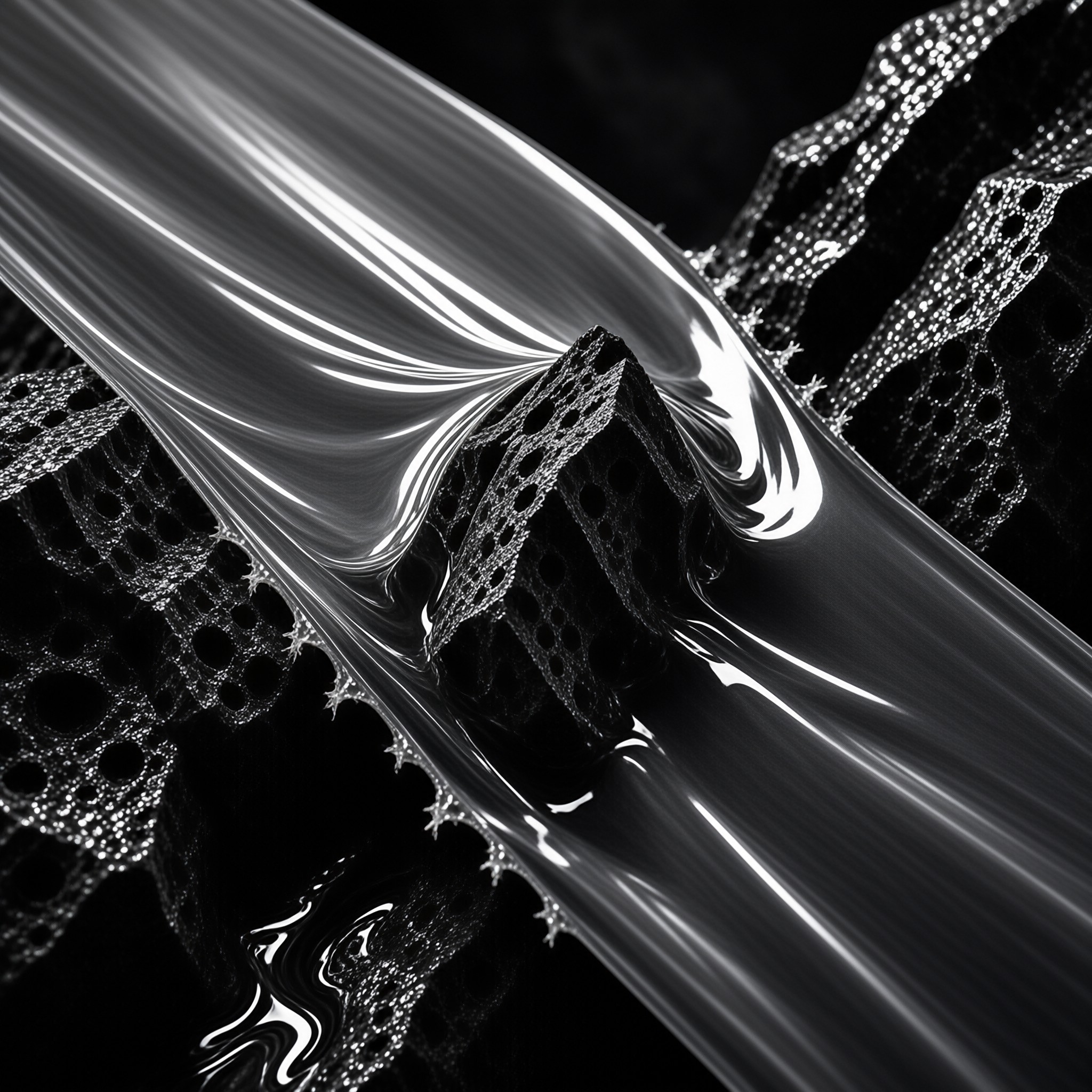 A black and white detail of smooth plastic stretching over a porous sponge with bright specular highlights.