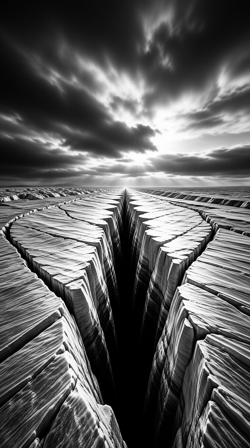 A massive fissure cuts through cracked terrain toward a bright sunburst emerging from dark clouds in a monochrome landscape