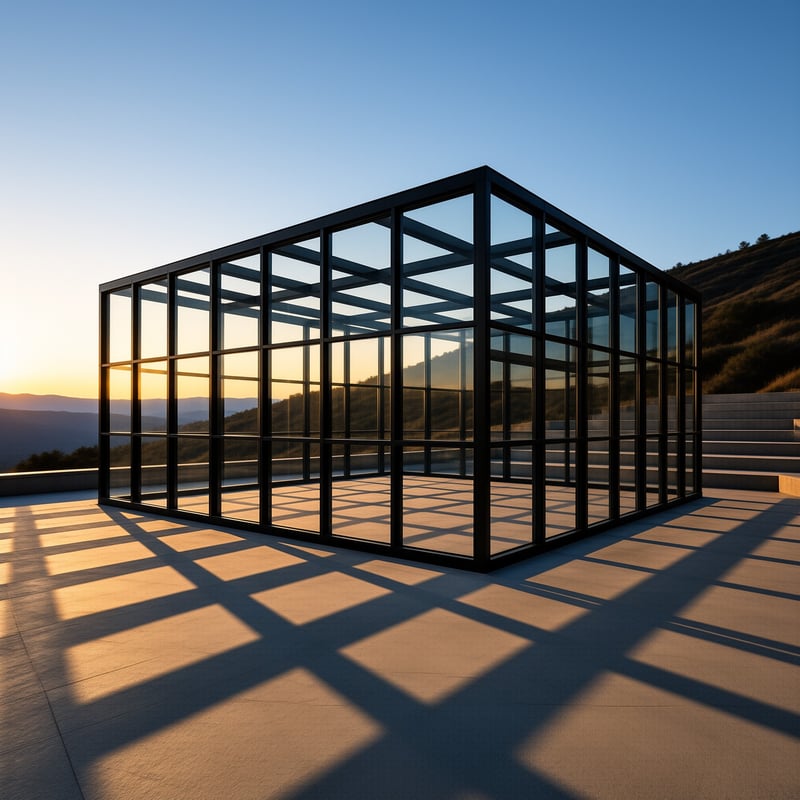 A rectangular glass building featuring a black frame sits on a paved deck as evening light projects sharp grid-like shadows onto the ground near a mountainous landscape.