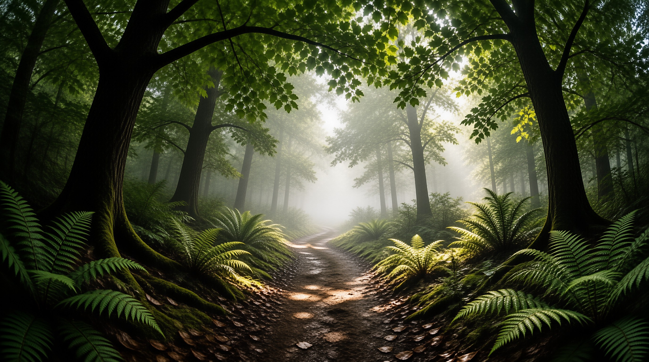 Misty Forest Sunlit Path