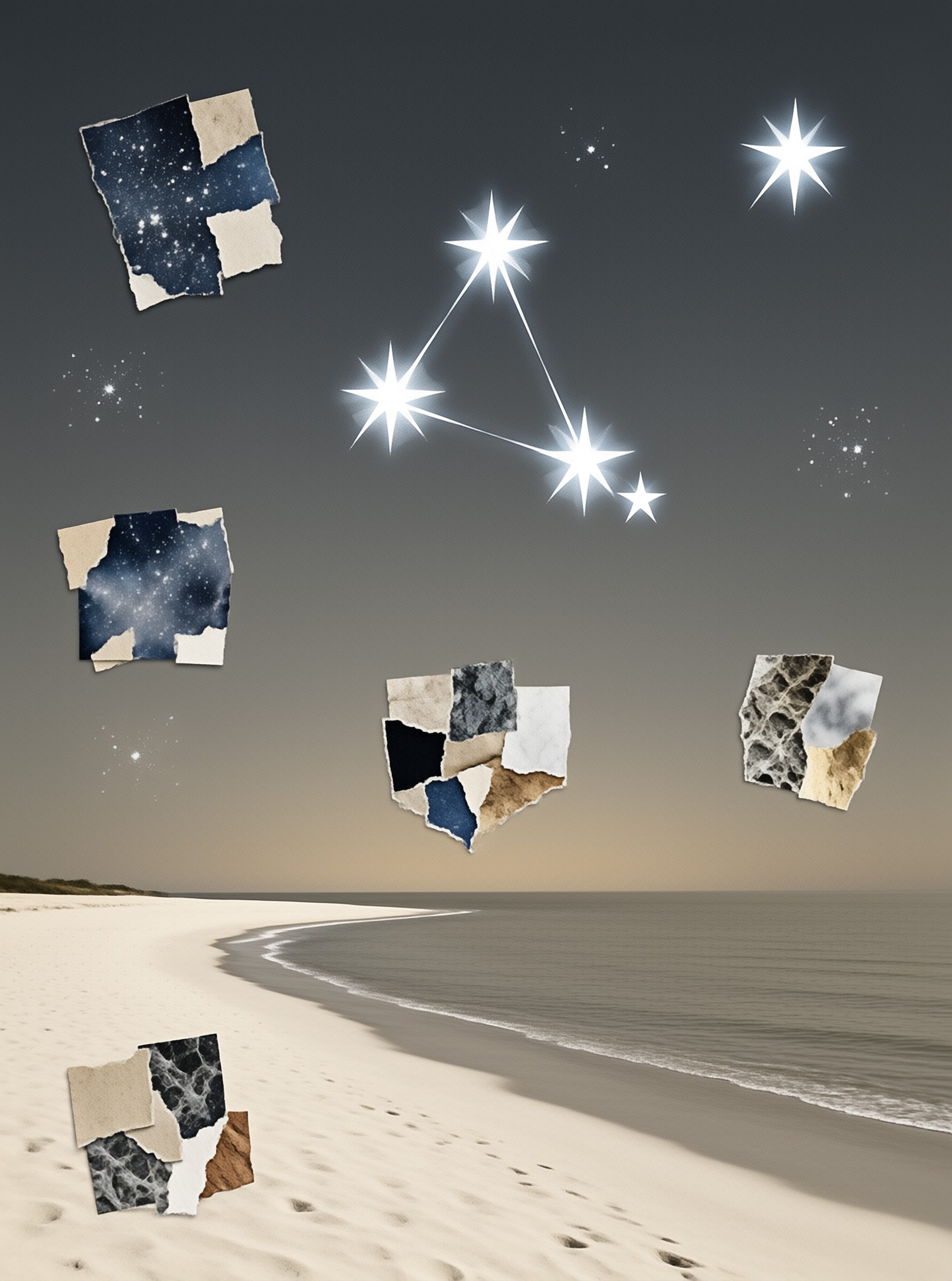Surreal landscape featuring torn paper pieces floating over a calm beach with bright stars in the sky.