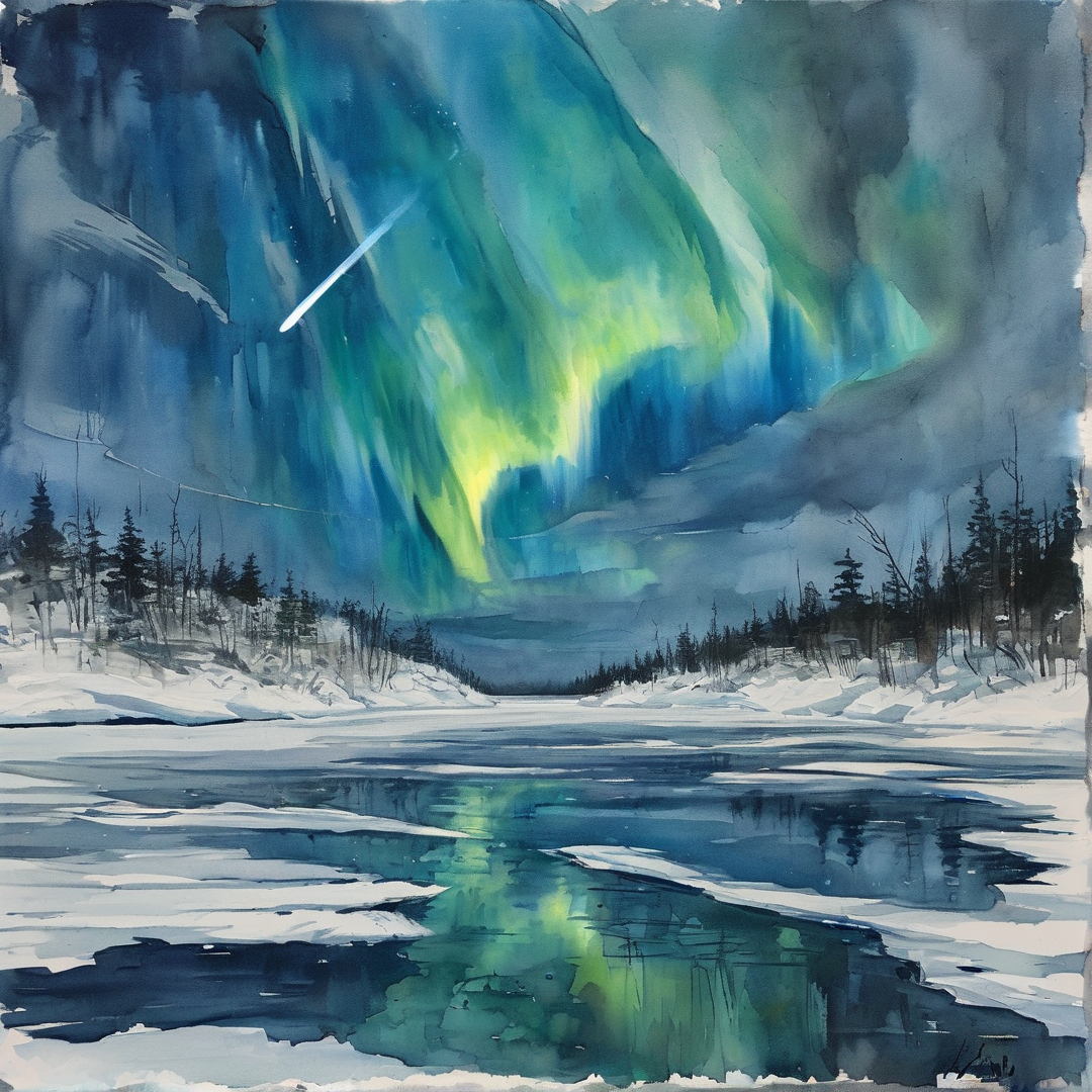 Vibrant green blue aurora lights the winter sky above a partly frozen snow lined lake, with a meteor streaking the clouds