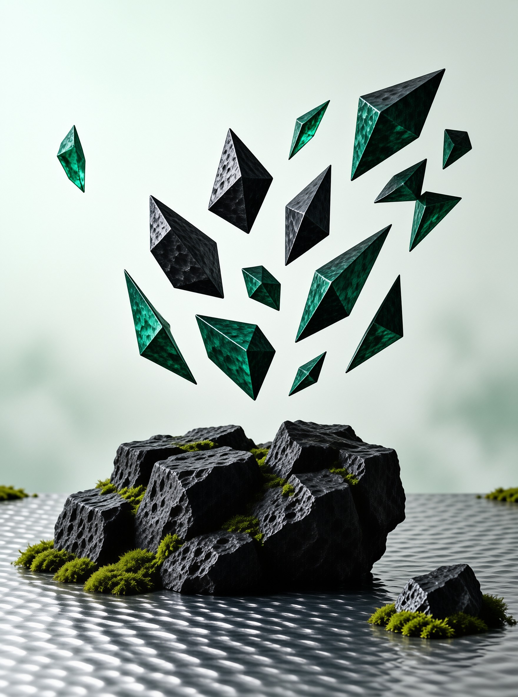 Green Shards Over Black Rocks