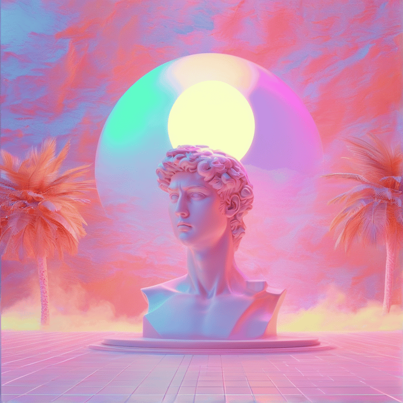 Classical sculpture on a plinth beneath a radiant orb and pastel sky, flanked by palms in a surreal retro environment.