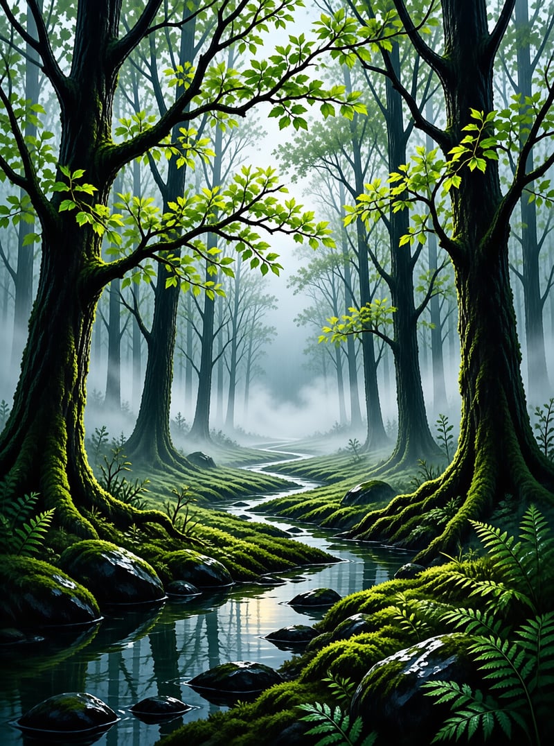 A winding water path cuts between tall trees covered in thick green moss while soft fog diffuses the sunlight.