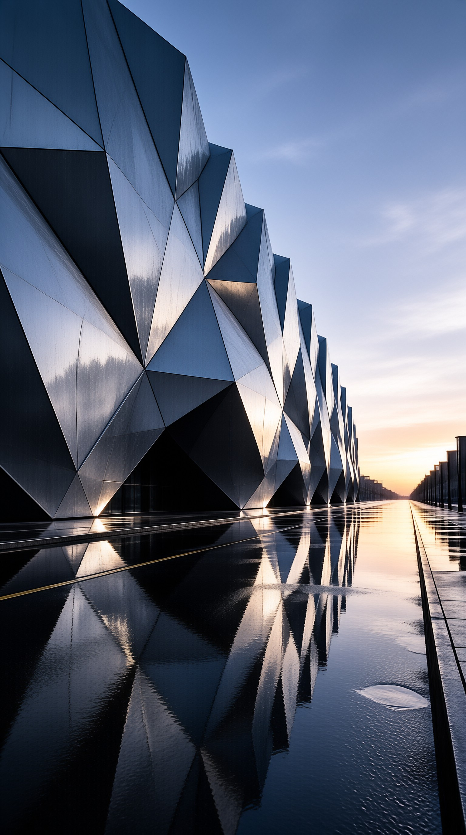 A modern faceted metal building stands beside a wet reflective surface under a twilight sky.