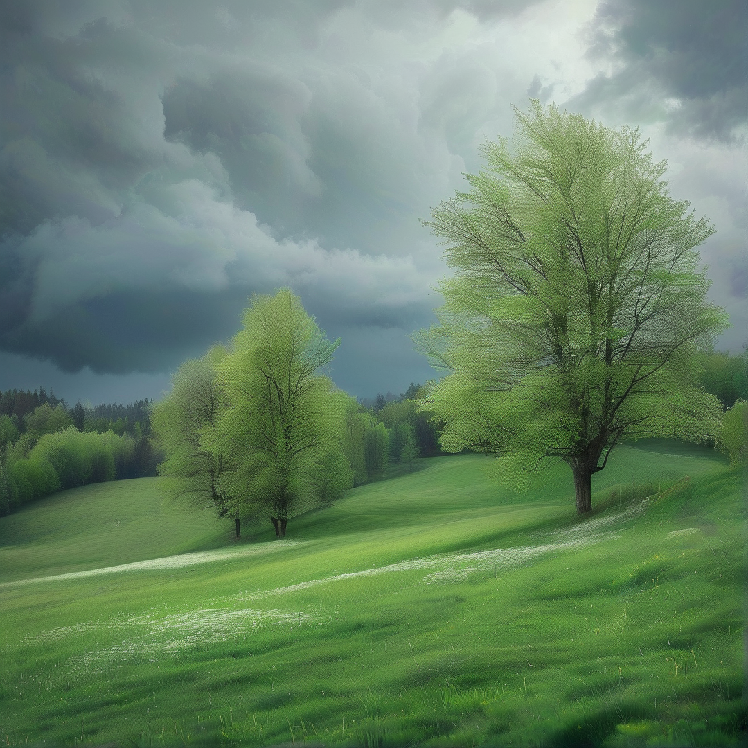 Green Hills Under Stormy Sky