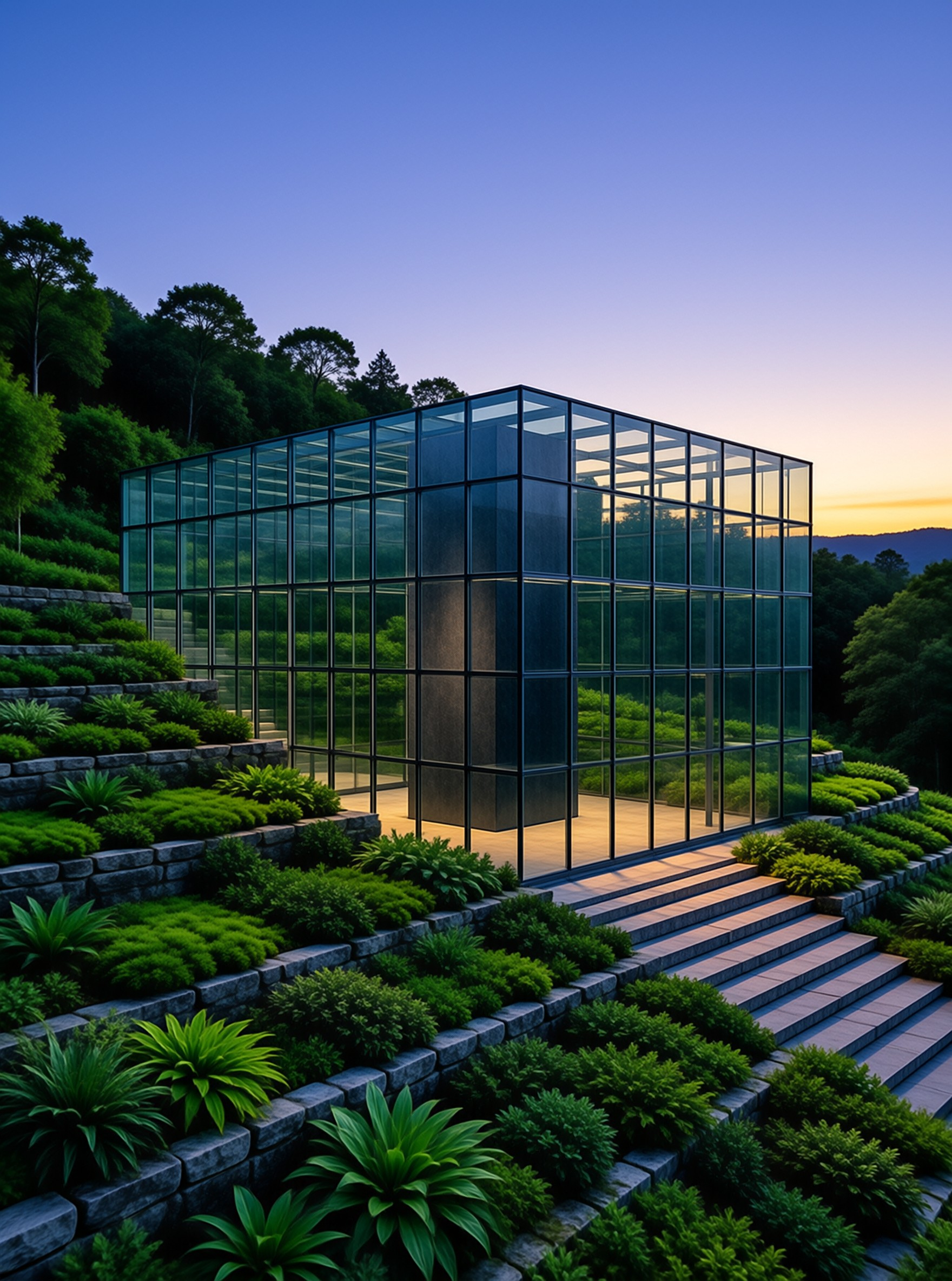 A modern glass building stands on terraced stone steps surrounded by green shrubs and trees under a fading blue sky.