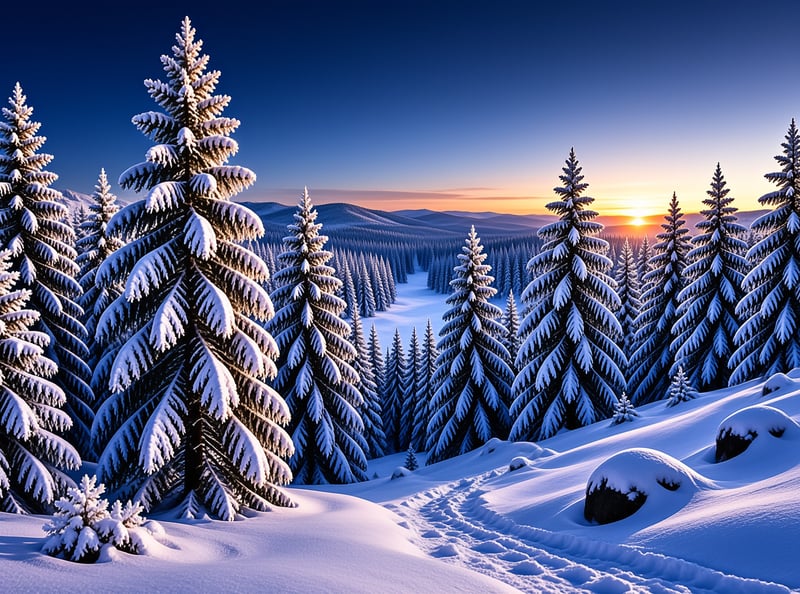 Snowy Pine Forest Sunset