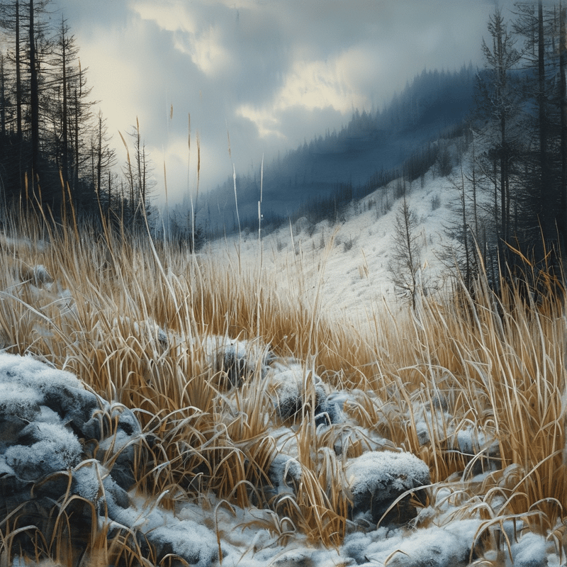 Golden grasses and snow-capped rocks fill the foreground while a misty forested hillside rises under heavy cloud.