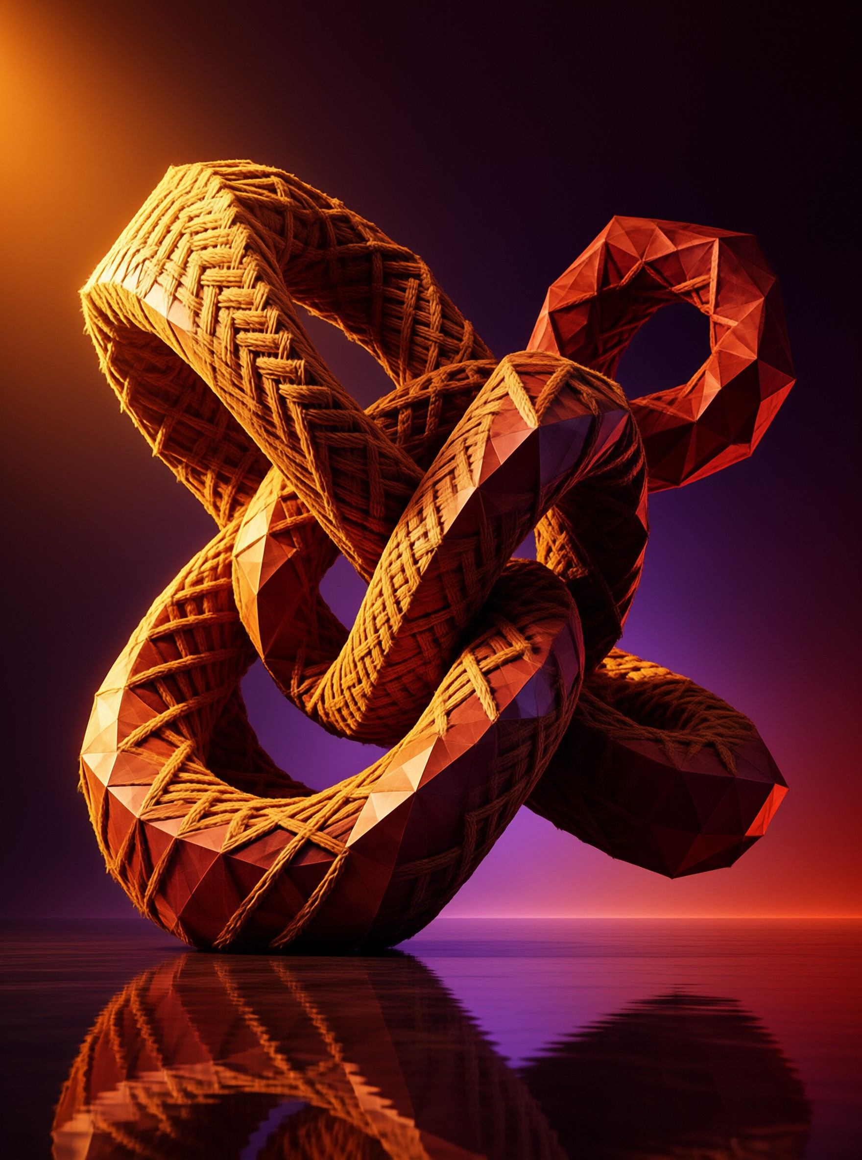 A coiled woven twine and faceted segment sculpture sits above a reflective surface lit by warm orange and violet tones.