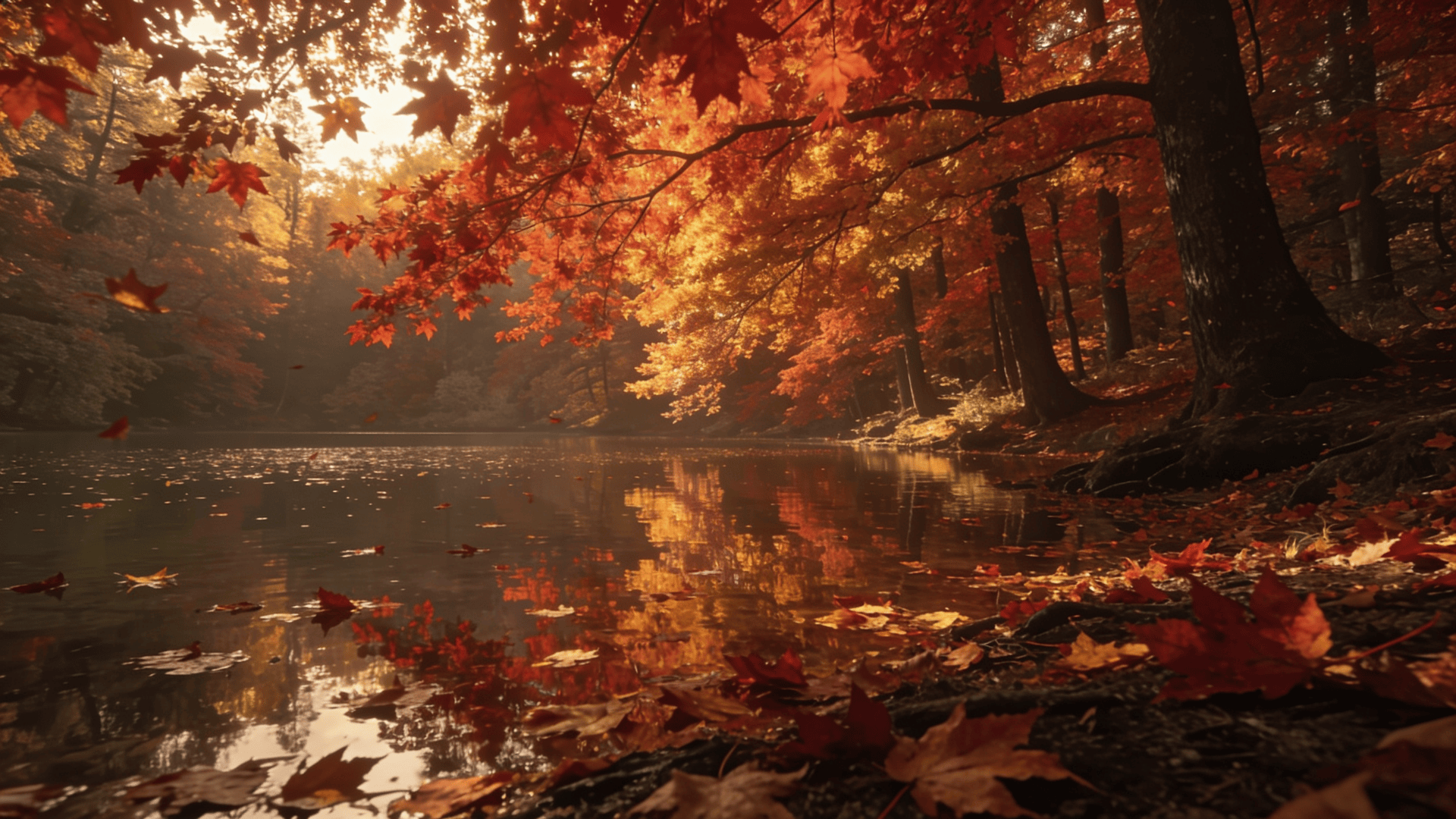 Red Maple Canopy Over a Calm Lake